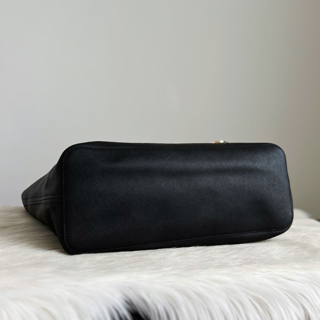Michael Kors Black Leather MK Charm Triple Compartment Shoulder Bag