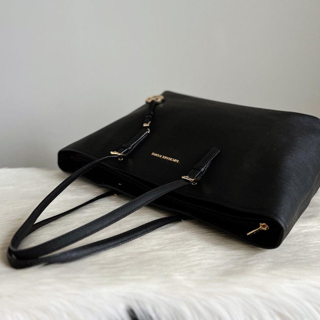 Michael Kors Black Leather MK Charm Triple Compartment Shoulder Bag
