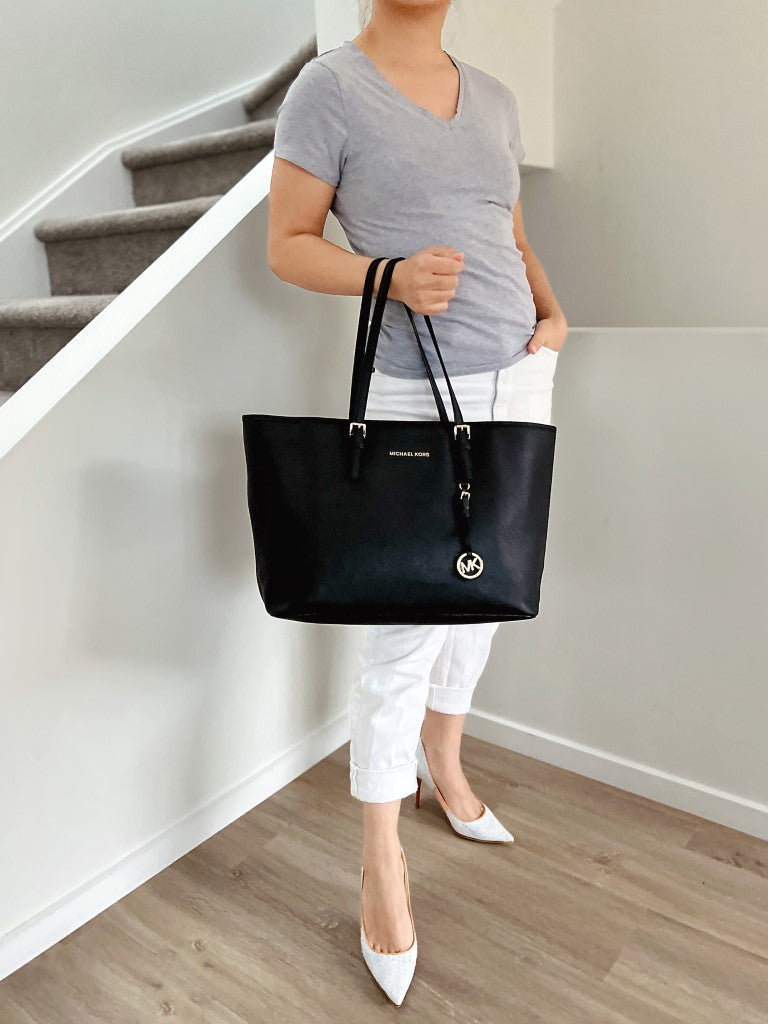 Michael Kors Black Leather MK Charm Triple Compartment Shoulder Bag