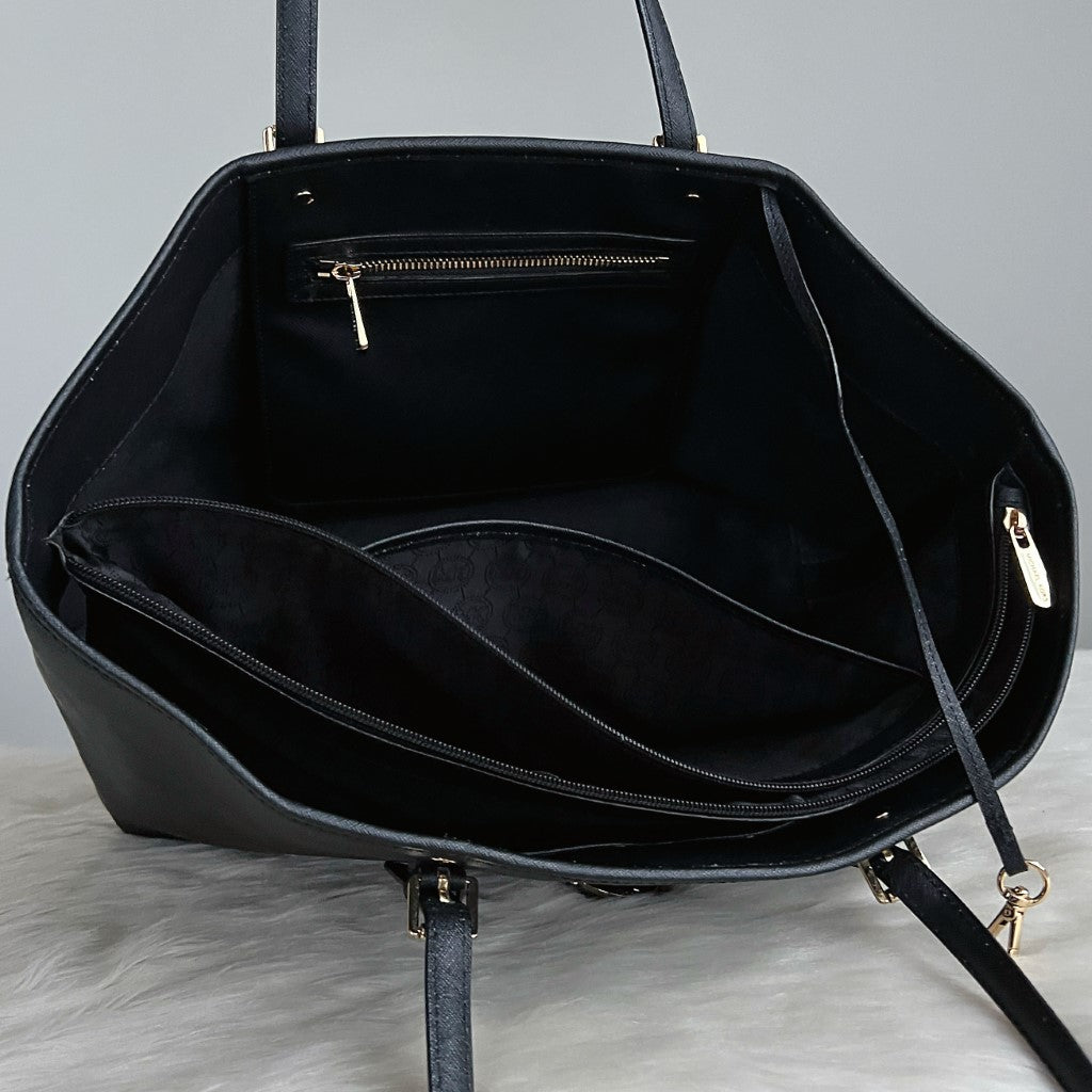 Michael Kors Black Leather MK Charm Triple Compartment Shoulder Bag