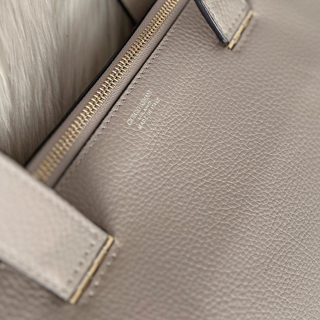Giorgio Armani Taupe Leather Front Logo Carryall Shoulder Bag Excellent