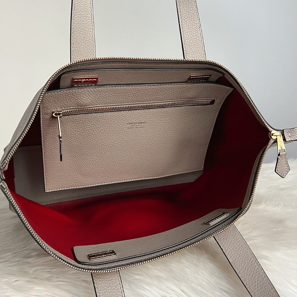 Giorgio Armani Taupe Leather Front Logo Carryall Shoulder Bag Excellent