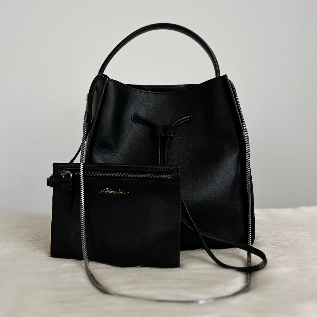 3.1 Phillip Lim Black Leather Drawstring Bucket 2 Way Shoulder Bag + Pouch Excellent