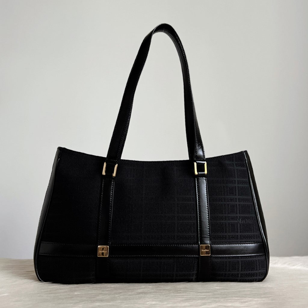 Max Mara Black Leather Check Pattern Shoulder Bag Excellent