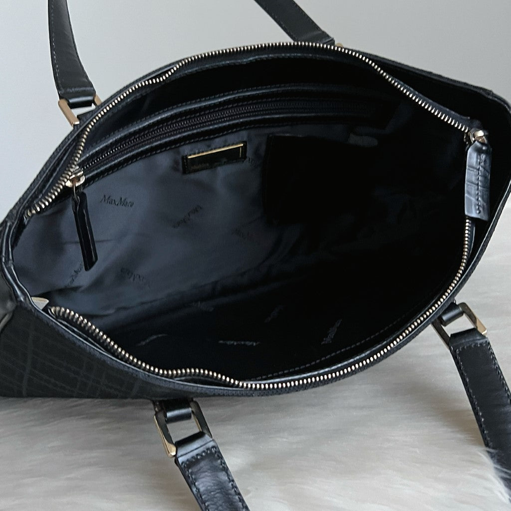 Max Mara Black Leather Check Pattern Shoulder Bag Excellent