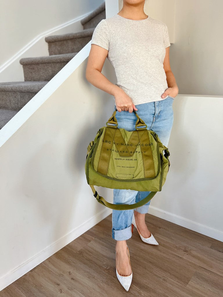 Marc Jacobs Two Tone Front Pattern Canvas Large Messenger Shoulder Bag