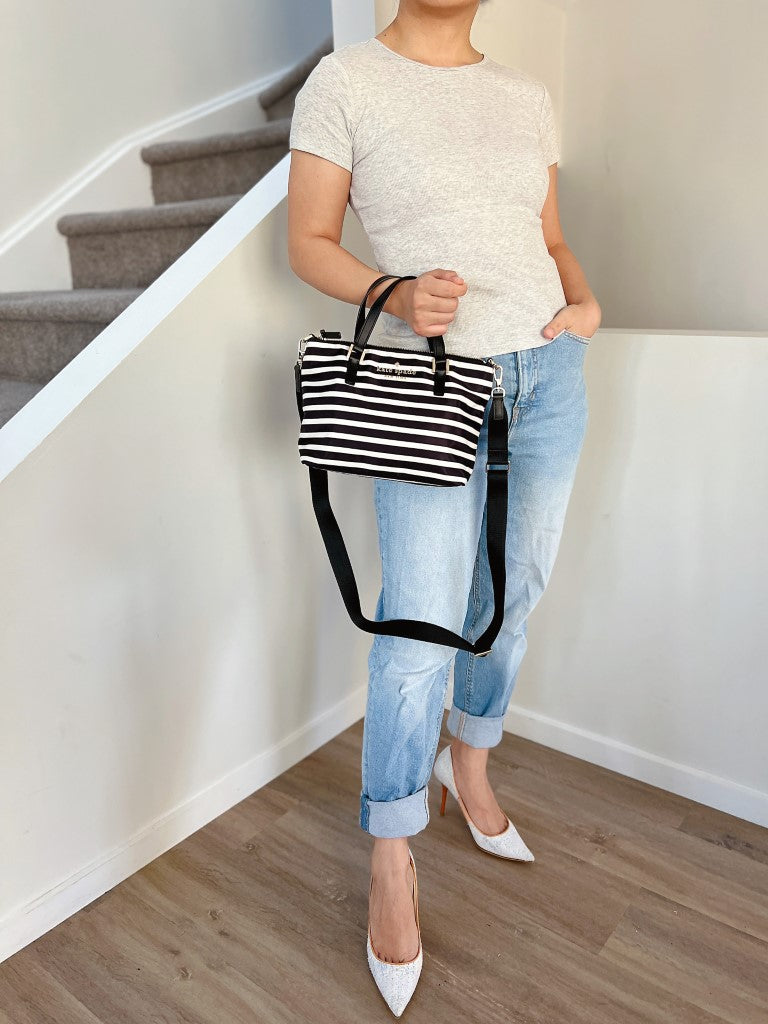 Kate Spade Black Leather Stripe Pattern 2 Way Shoulder Bag Like New
