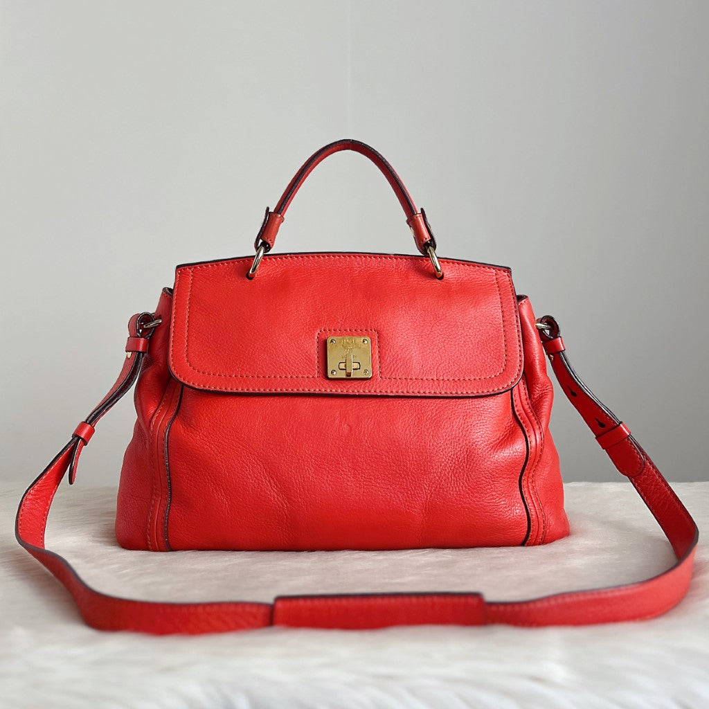 MCM Red Leather Front Logo Detail Flap 2 Way Shoulder Bag