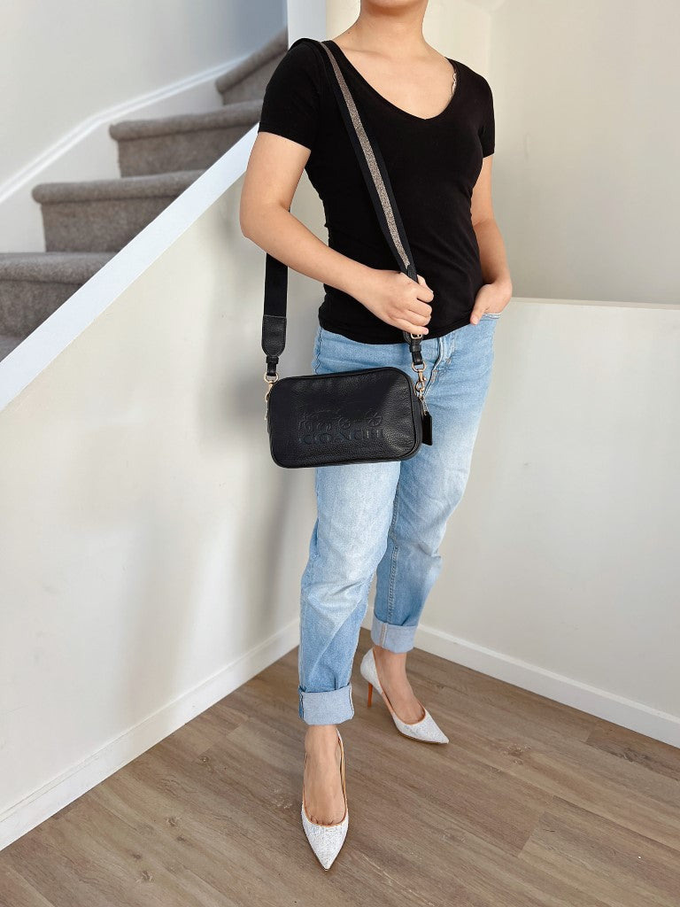 Coach Black Leather Double Compartments Crossbody Shoulder Bag Excellent