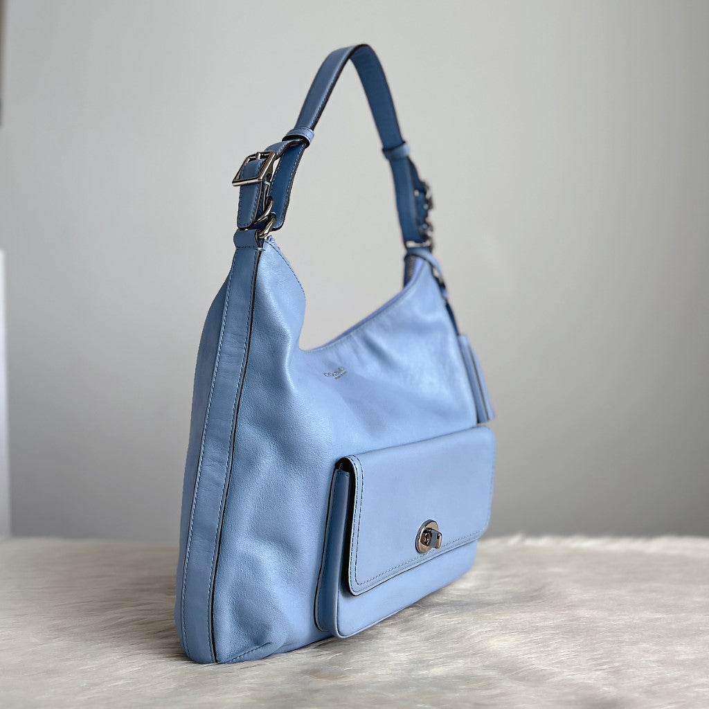 Coach Blue Leather Tassel Charm Slouchy 2 Way Shoulder Bag