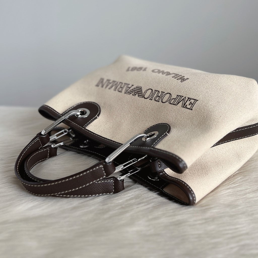 Emporio Armani Dark Brown Leather Canvas 2 Way Shoulder Bag + Pouch Like New