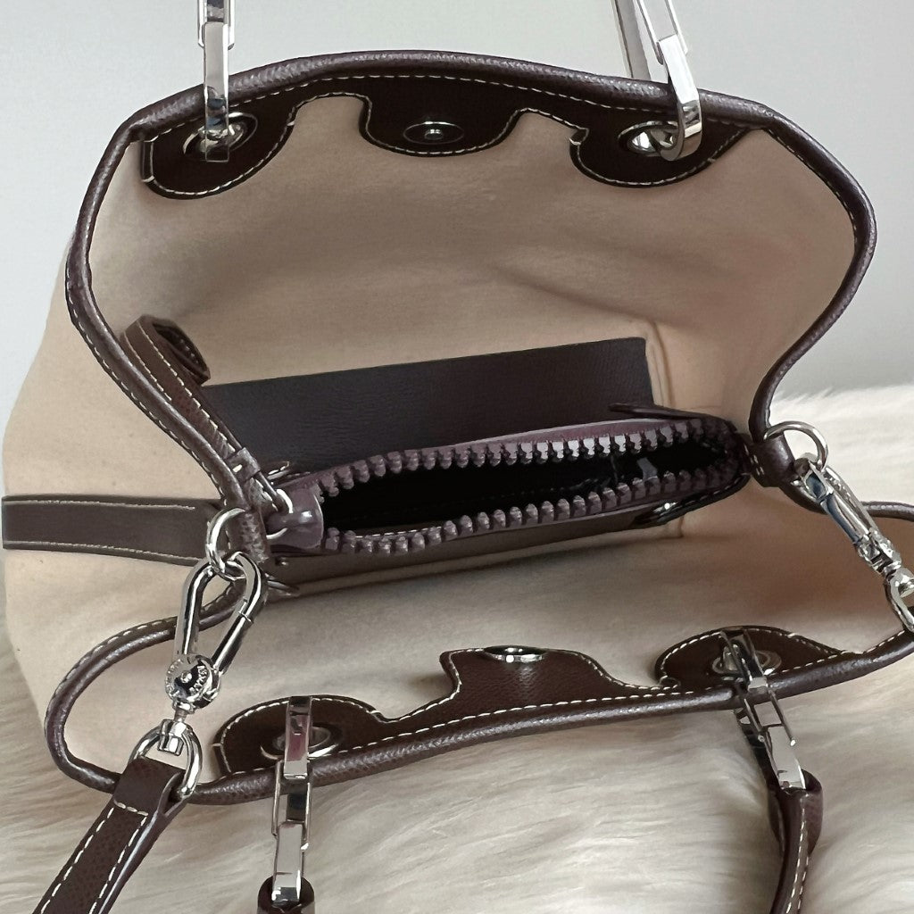 Emporio Armani Dark Brown Leather Canvas 2 Way Shoulder Bag + Pouch Like New