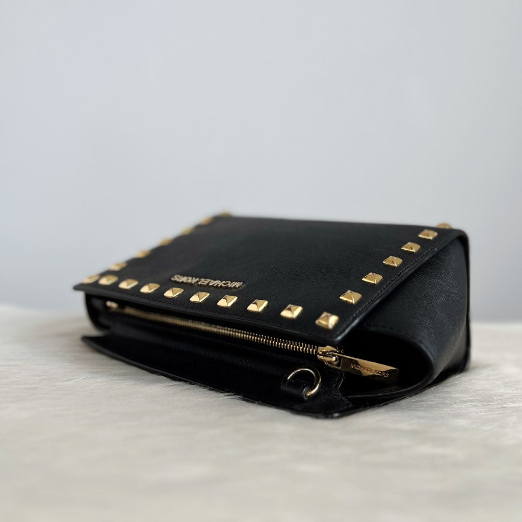 Michael Kors Black Leather Selma Studded Crossbody Shoulder Bag