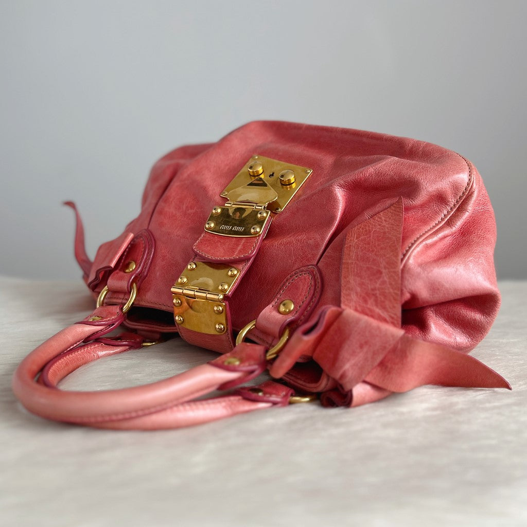 Miu Miu Pink Leather Signature Side Bow Buckle 2 Way Shoulder Bag
