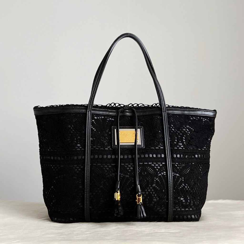 Dolce & Gabbana D&G Black Leather Lace Tie String Carryall Shoulder Bag Excellent