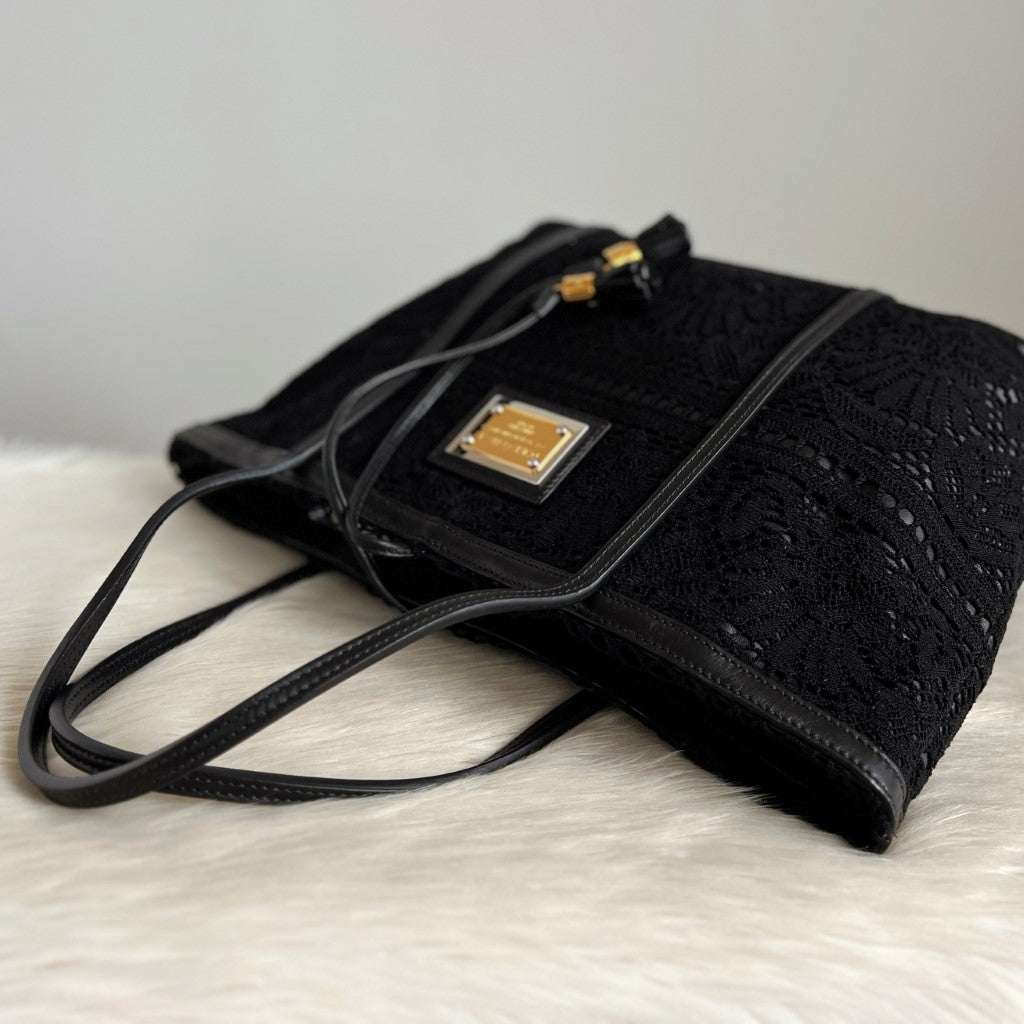 Dolce & Gabbana D&G Black Leather Lace Tie String Carryall Shoulder Bag Excellent