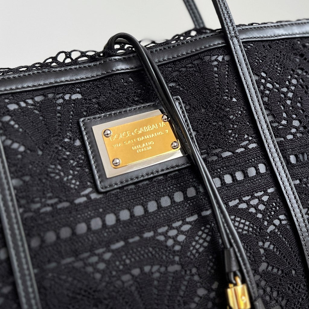 Dolce & Gabbana D&G Black Leather Lace Tie String Carryall Shoulder Bag Excellent