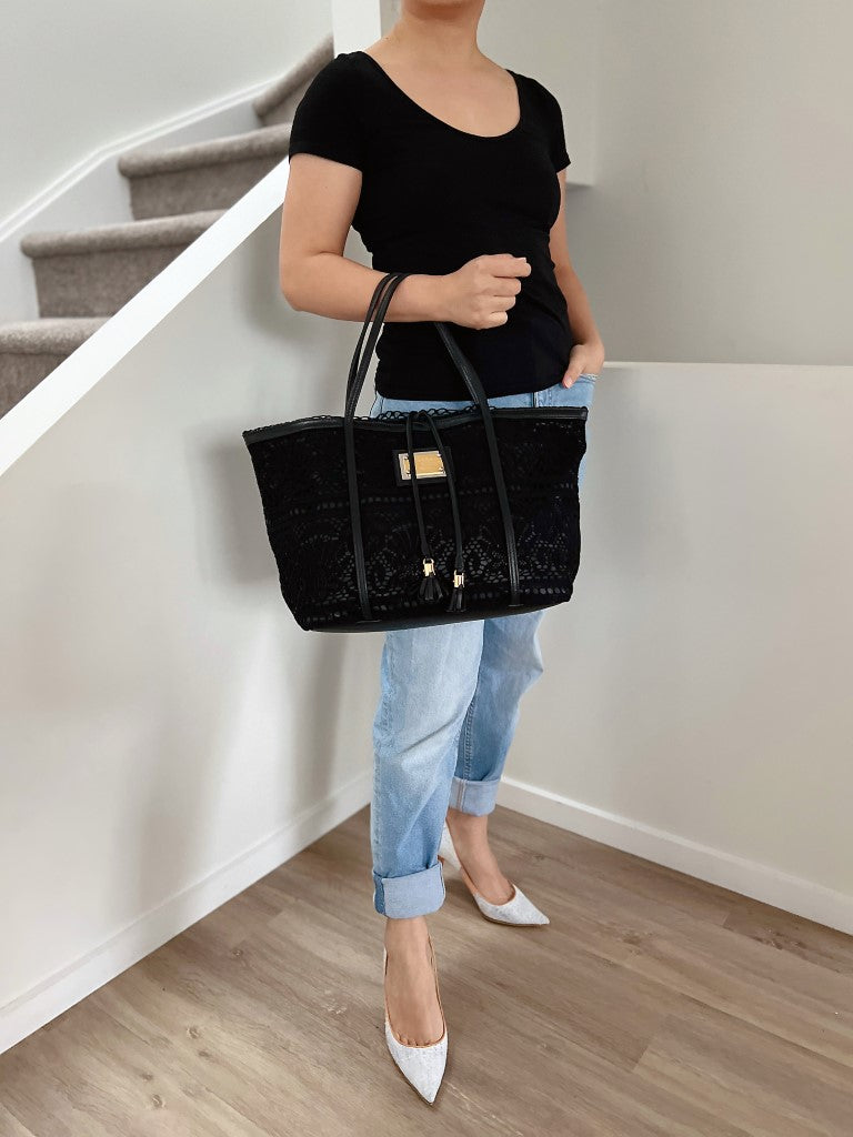 Dolce & Gabbana D&G Black Leather Lace Tie String Carryall Shoulder Bag Excellent