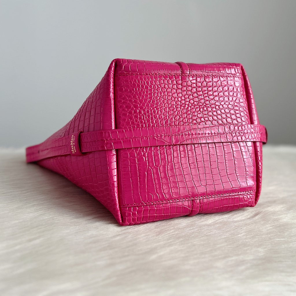 Max Mara Fuchsia Leather Crocodile Print Bucket 2 Way Shoulder Bag + Pouch Excellent