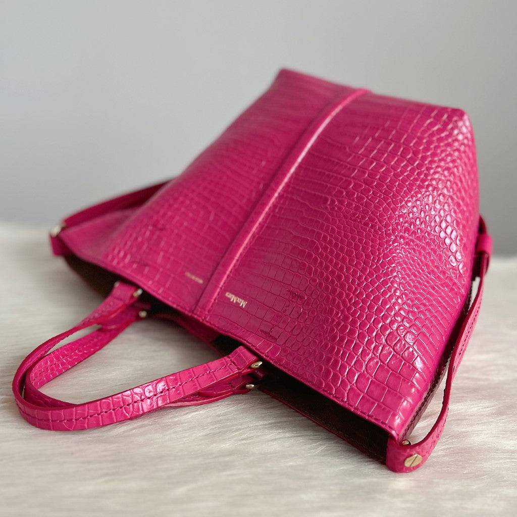 Max Mara Fuchsia Leather Crocodile Print Bucket 2 Way Shoulder Bag + Pouch Excellent