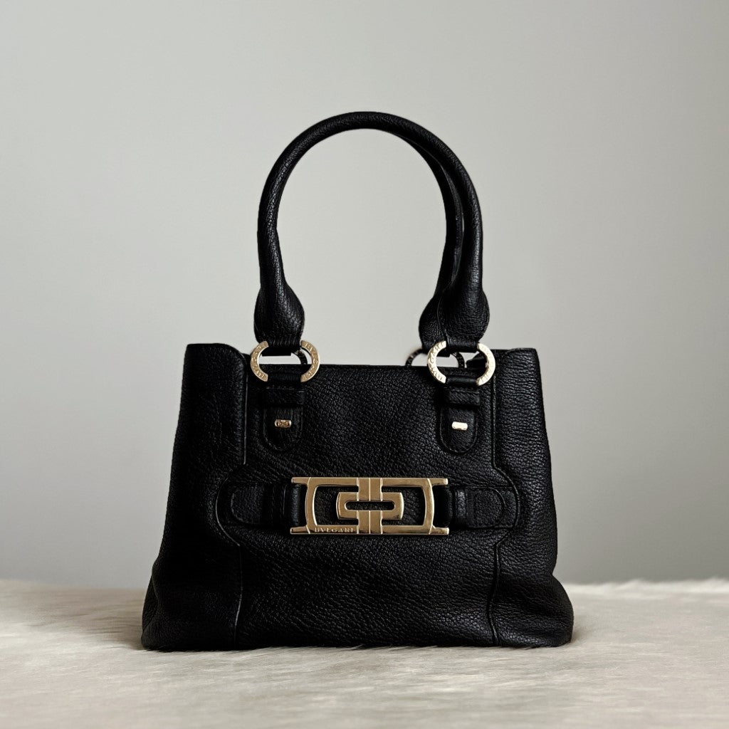 Bvlgari Black Leather Front Ring Detail Triple Compartment Shoulder Bag Excellent