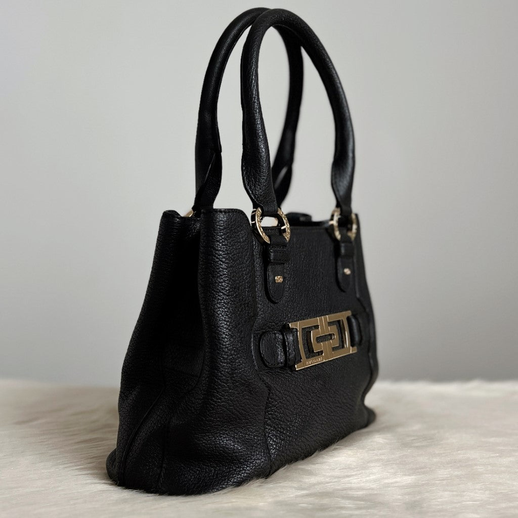 Bvlgari Black Leather Front Ring Detail Triple Compartment Shoulder Bag Excellent