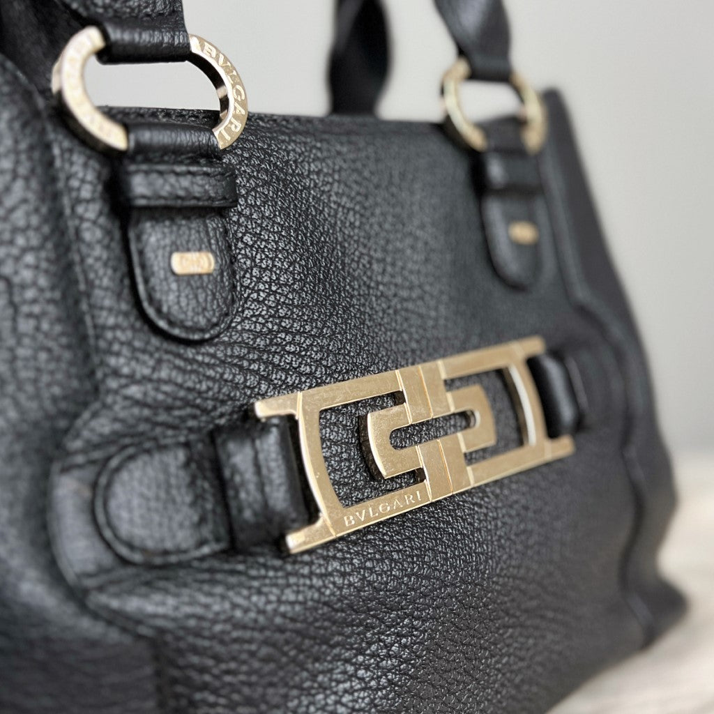 Bvlgari Black Leather Front Ring Detail Triple Compartment Shoulder Bag Excellent