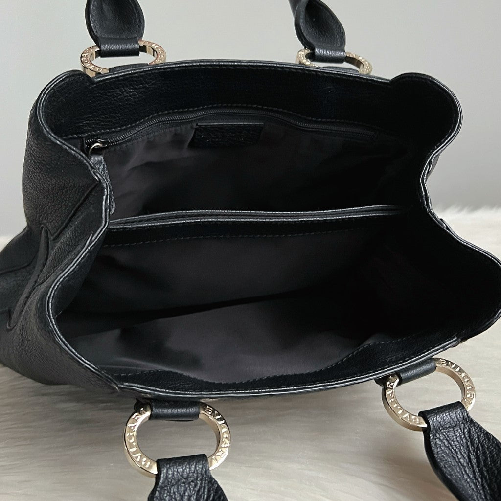 Bvlgari Black Leather Front Ring Detail Triple Compartment Shoulder Bag Excellent