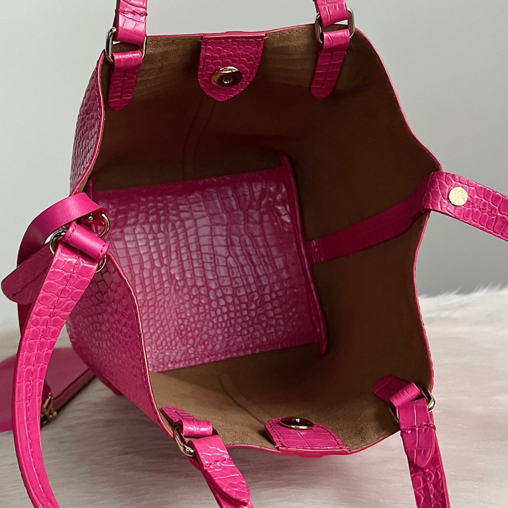 Max Mara Fuchsia Leather Crocodile Print Bucket 2 Way Shoulder Bag + Pouch Excellent