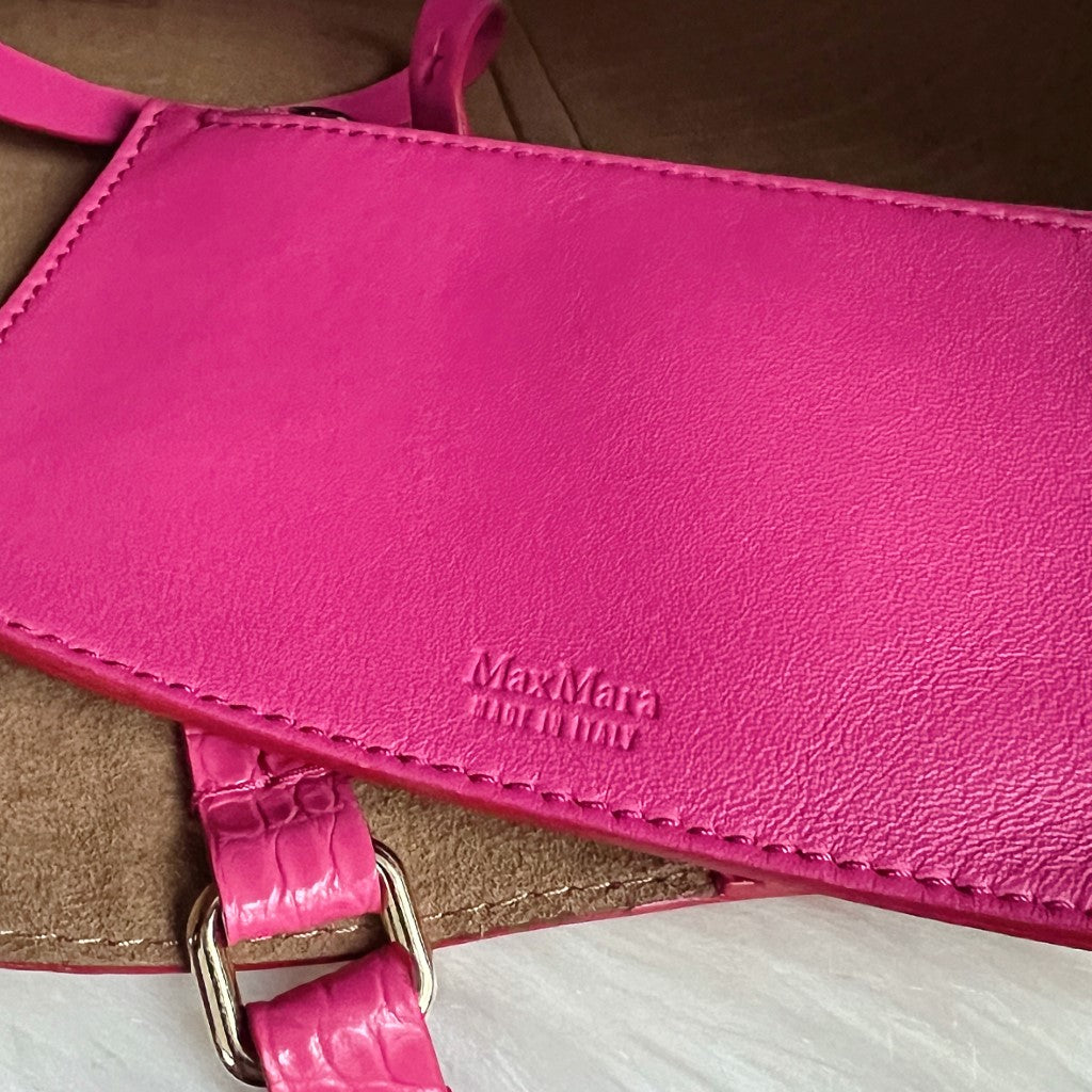 Max Mara Fuchsia Leather Crocodile Print Bucket 2 Way Shoulder Bag + Pouch Excellent