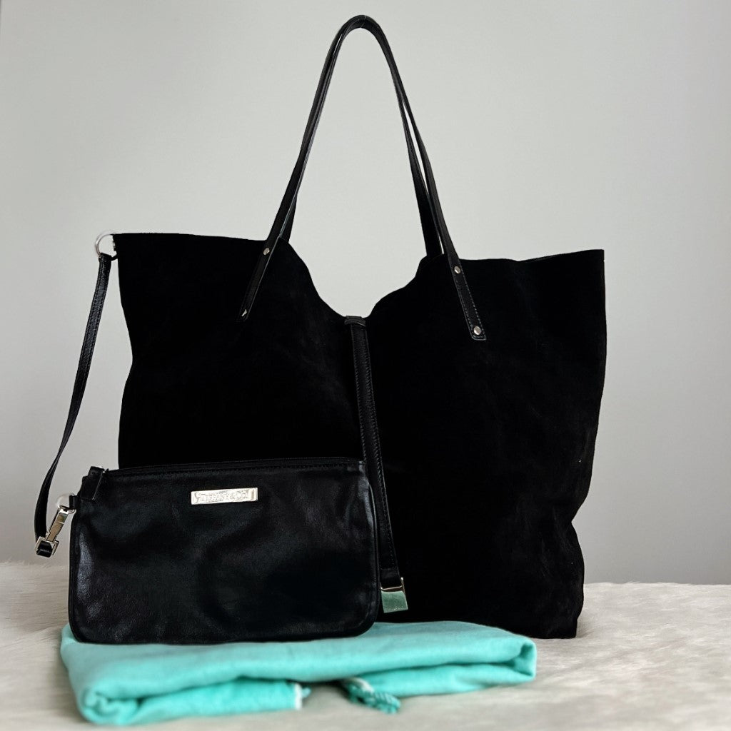 Tiffany Black Suede Front Detail Slouchy Shoulder Bag + Pouch