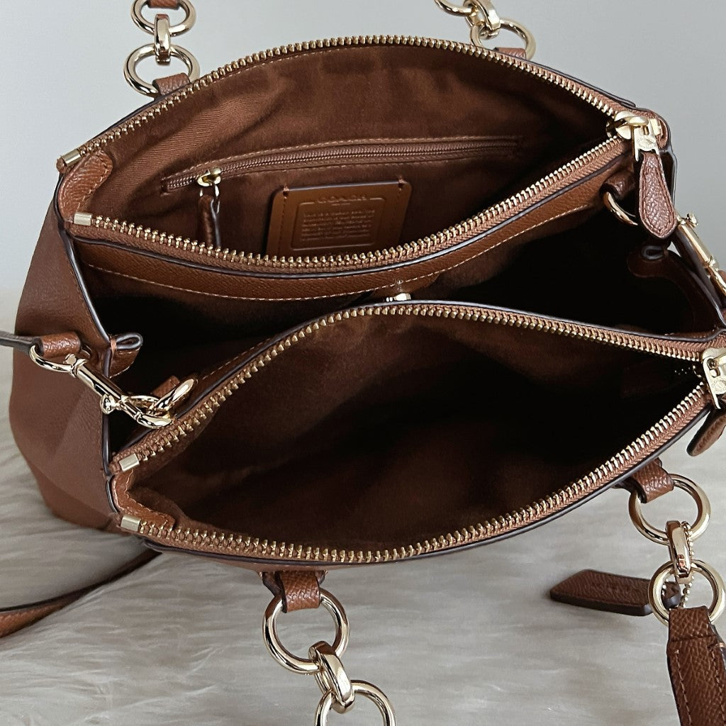 Coach Caramel Leather Chain Detail Triple Compartment 2 Way Shoulder Bag Excellent