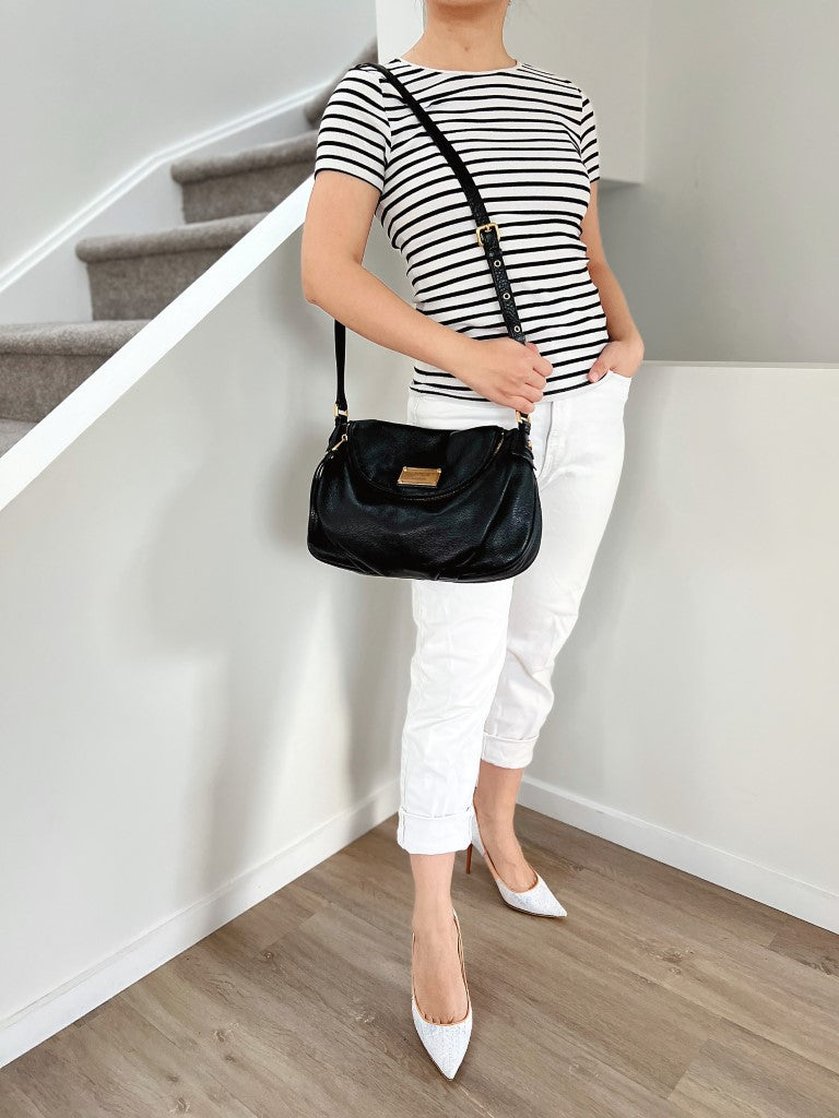 Marc Jacobs Black Leather Front Logo Zip Flap Crossbody Shoulder Bag