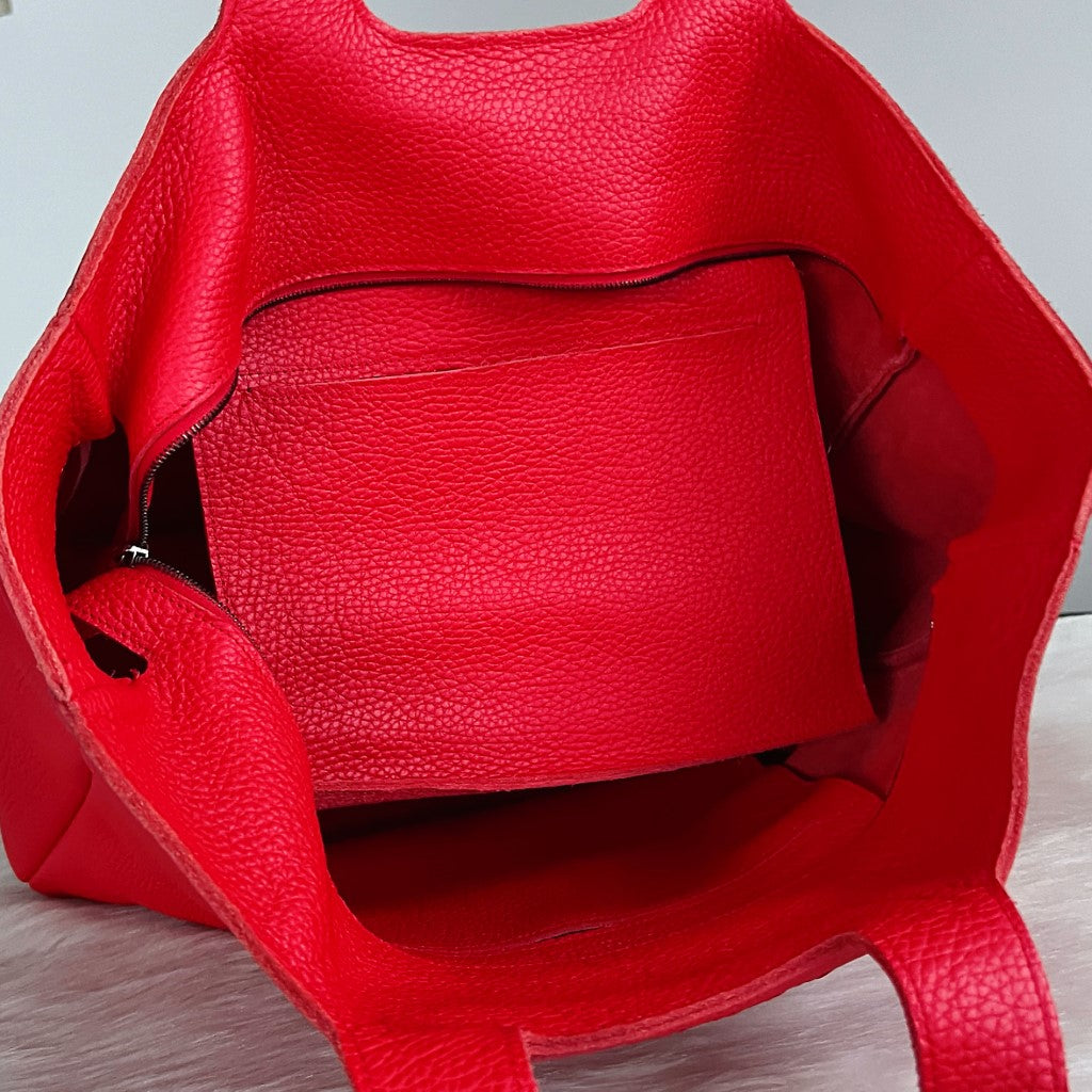 Bottega Veneta Red Leather Intrecciato Detail Large Tote Bag Excellent