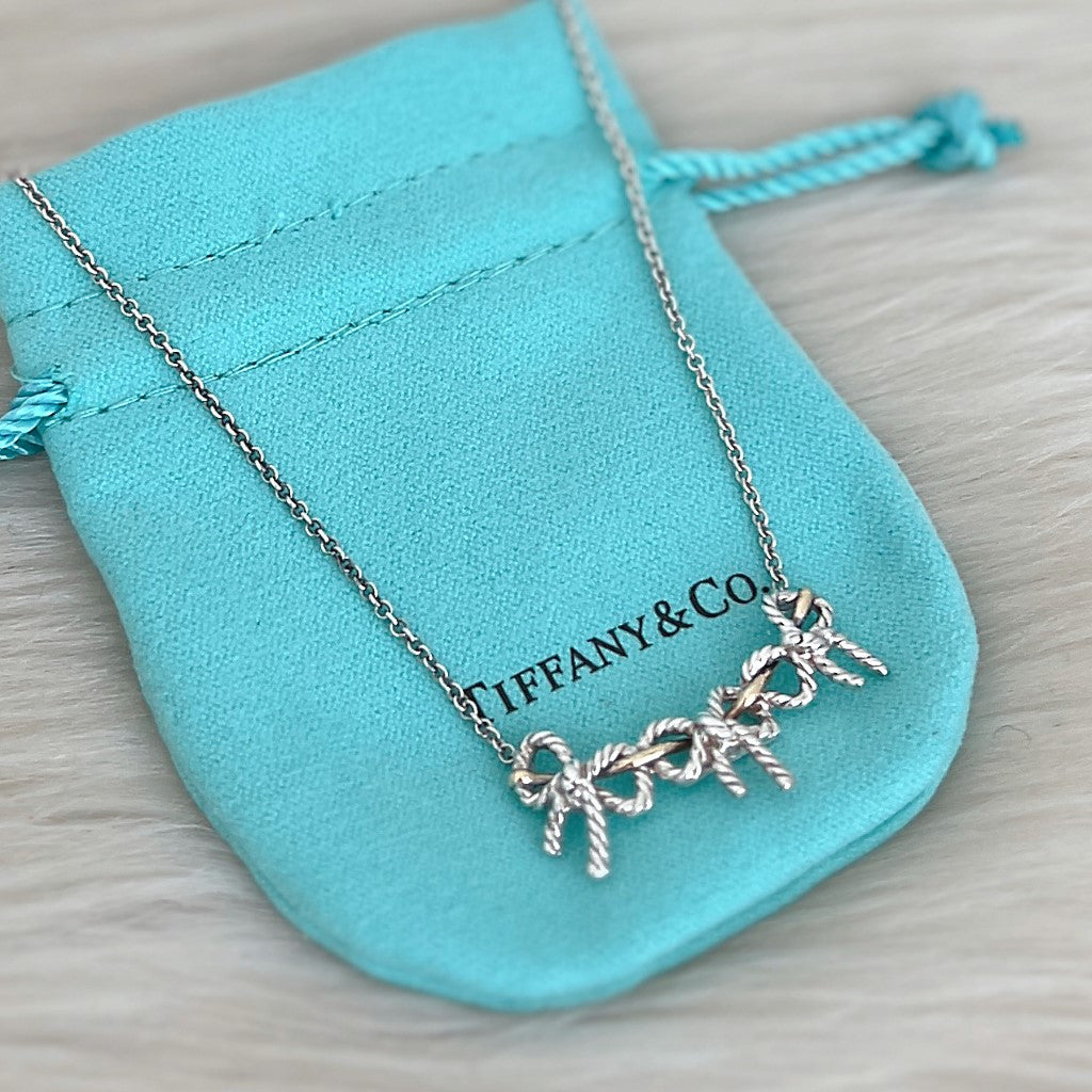 Tiffany & Co. Triple Bow Solid 18K Gold 925 Silver Necklace Excellent