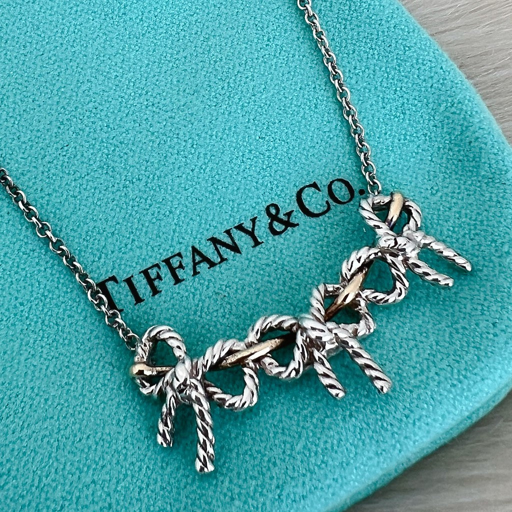 Tiffany & Co. Triple Bow Solid 18K Gold 925 Silver Necklace Excellent