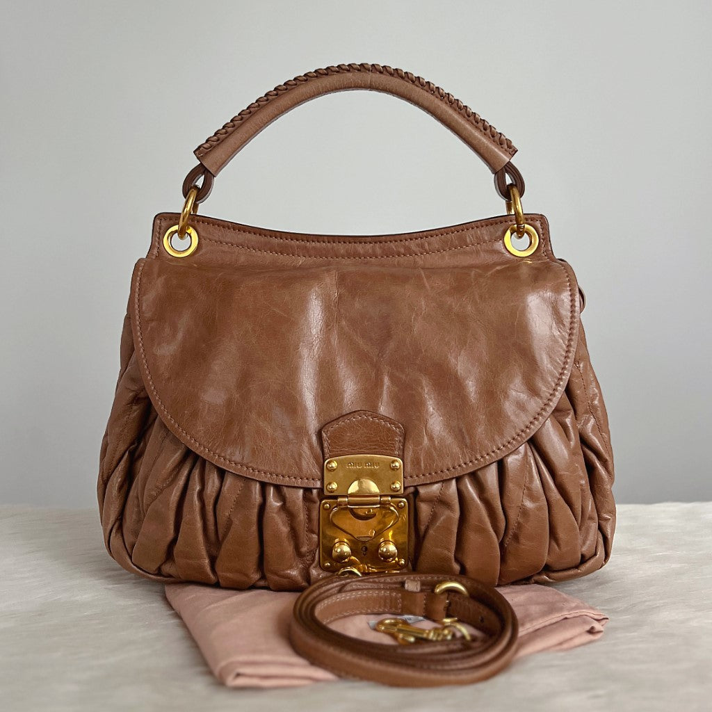 Miu Miu Caramel Leather Signature Nappa Buckle 2 Way Shoulder Bag