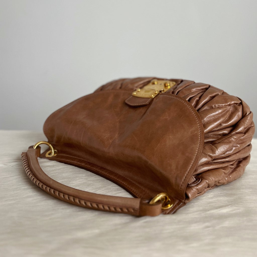 Miu Miu Caramel Leather Signature Nappa Buckle 2 Way Shoulder Bag