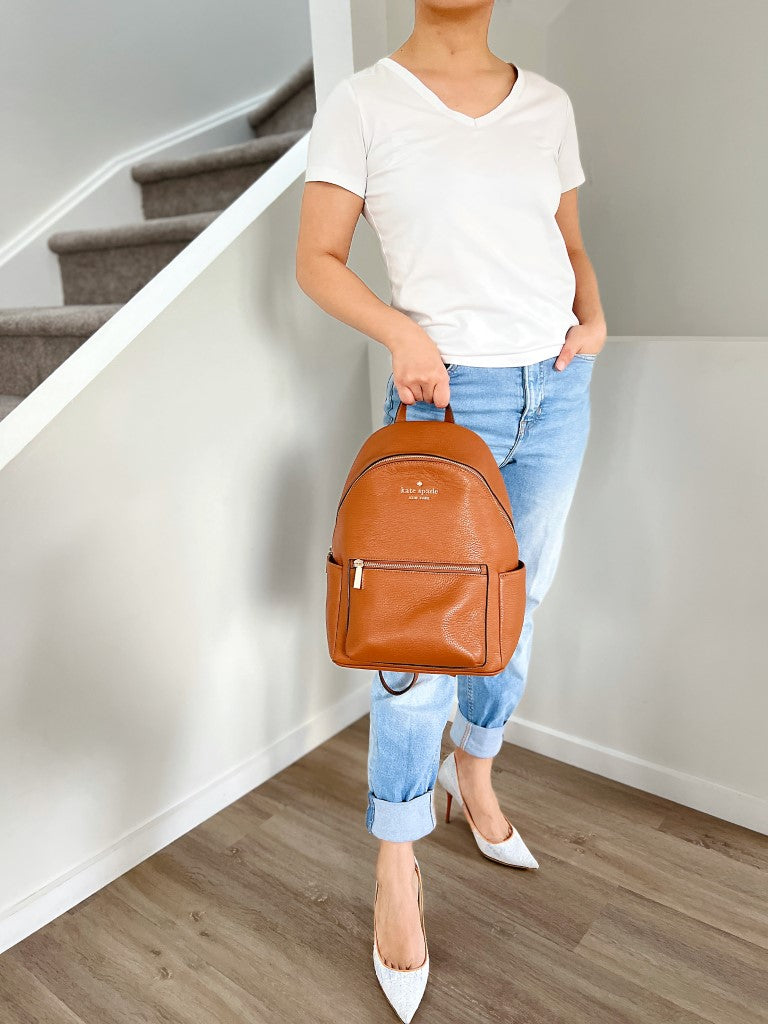 Kate Spade Caramel Leather Front Logo Backpack Brand New