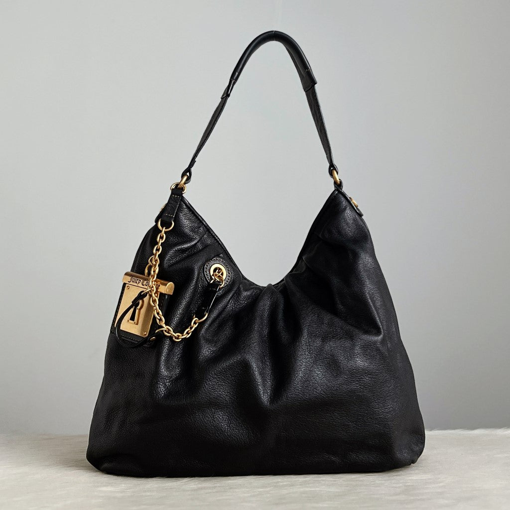 Juicy Couture Black Leather Chunky Charm Detail Slouchy Shoulder Bag Excellent