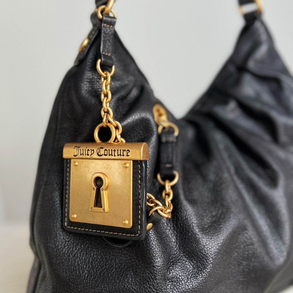 Juicy Couture Black Leather Chunky Charm Detail Slouchy Shoulder Bag Excellent