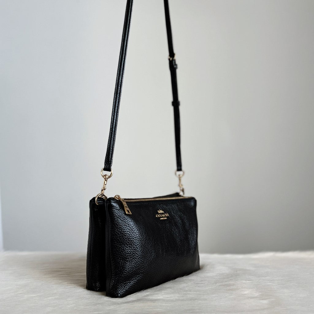 Coach Black Leather Double Compartment Crossbody Shoulder Bag