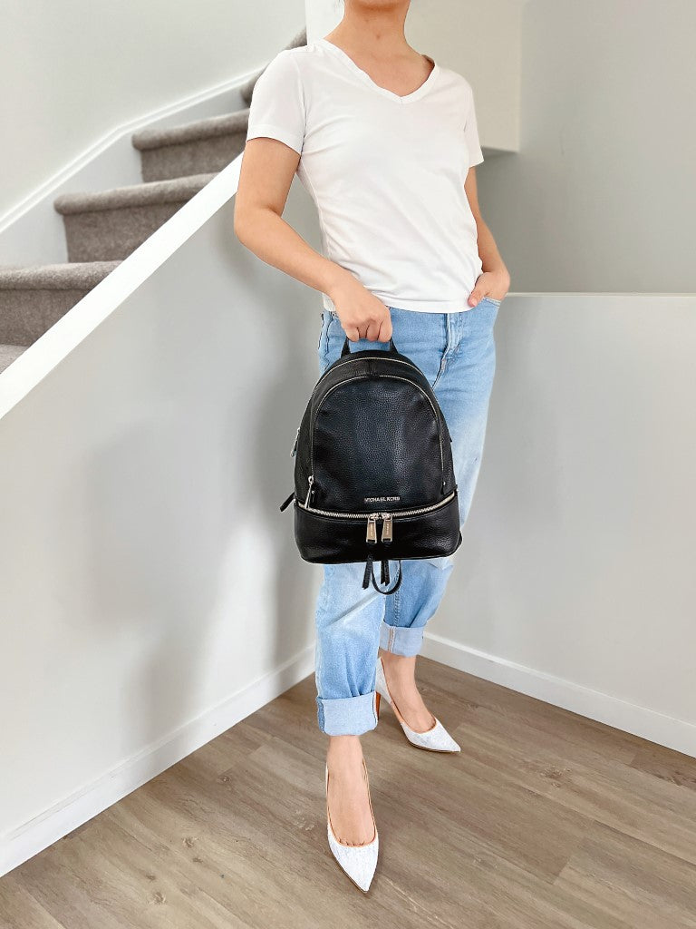 Michael Kors Black Leather Front Logo Zip Detail Backpack Like New