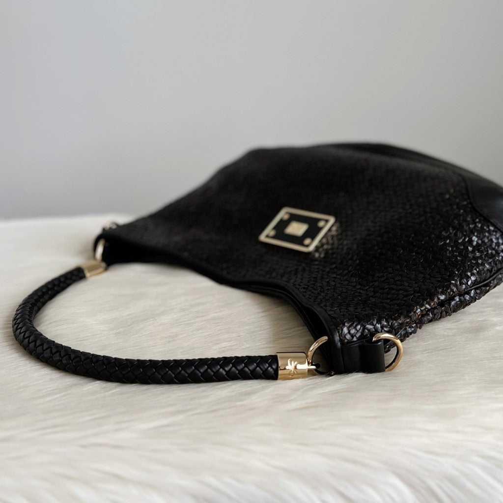 Anya Hindmarch Black Woven Leather Front Logo 2 Way Shoulder Bag Excellent