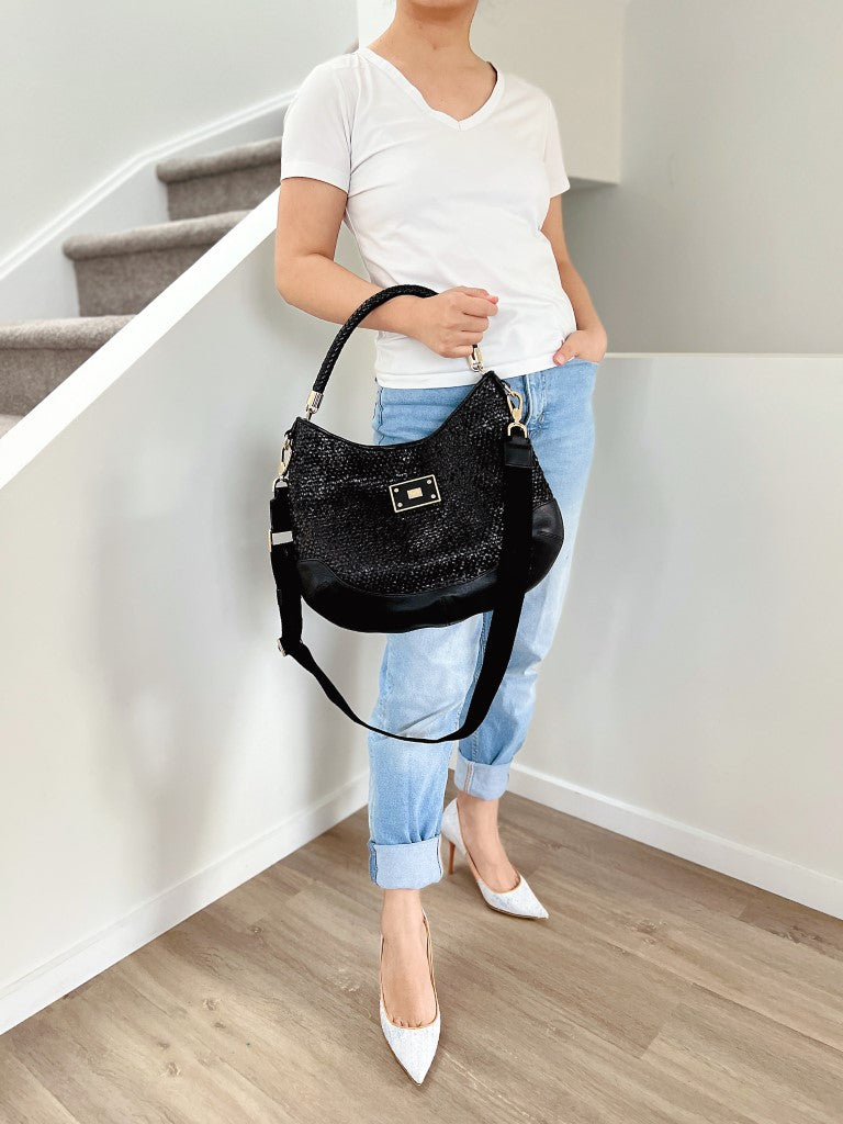 Anya Hindmarch Black Woven Leather Front Logo 2 Way Shoulder Bag Excellent