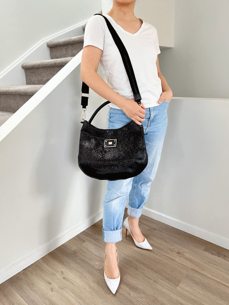 Anya Hindmarch Black Woven Leather Front Logo 2 Way Shoulder Bag Excellent