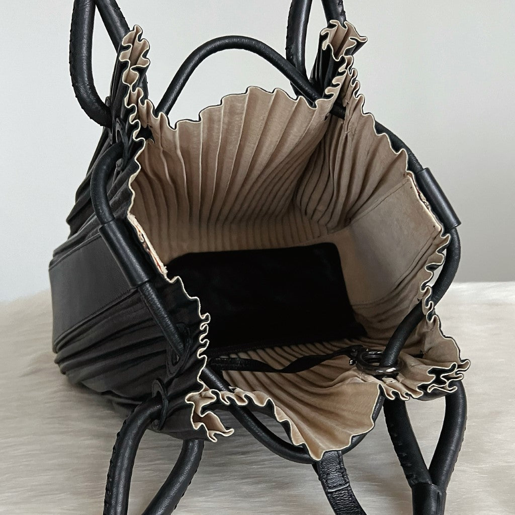 Giorgio Armani Black Leather Drawstring Charm Detail Shoulder Bag + Pouch Excellent