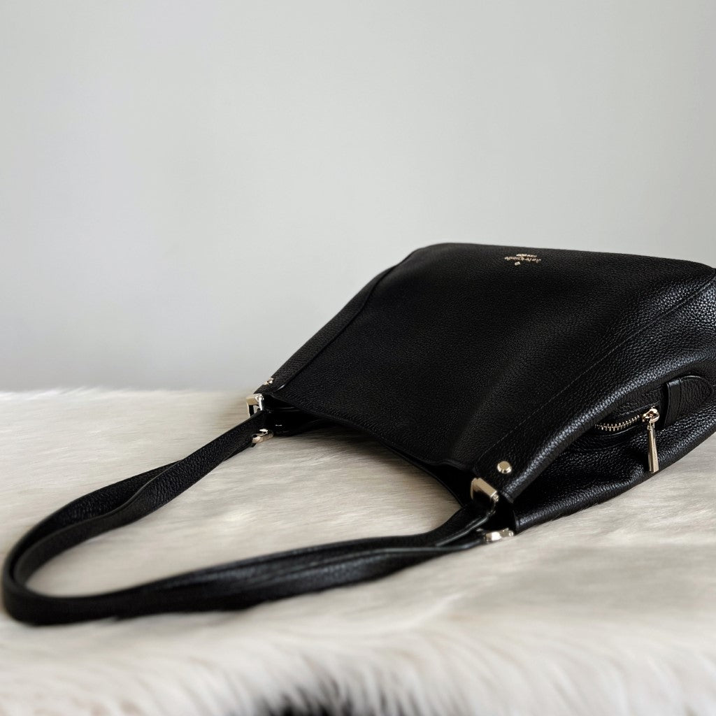 Kate Spade Black Leather Front Logo Triple Compartment Shoulder Bag