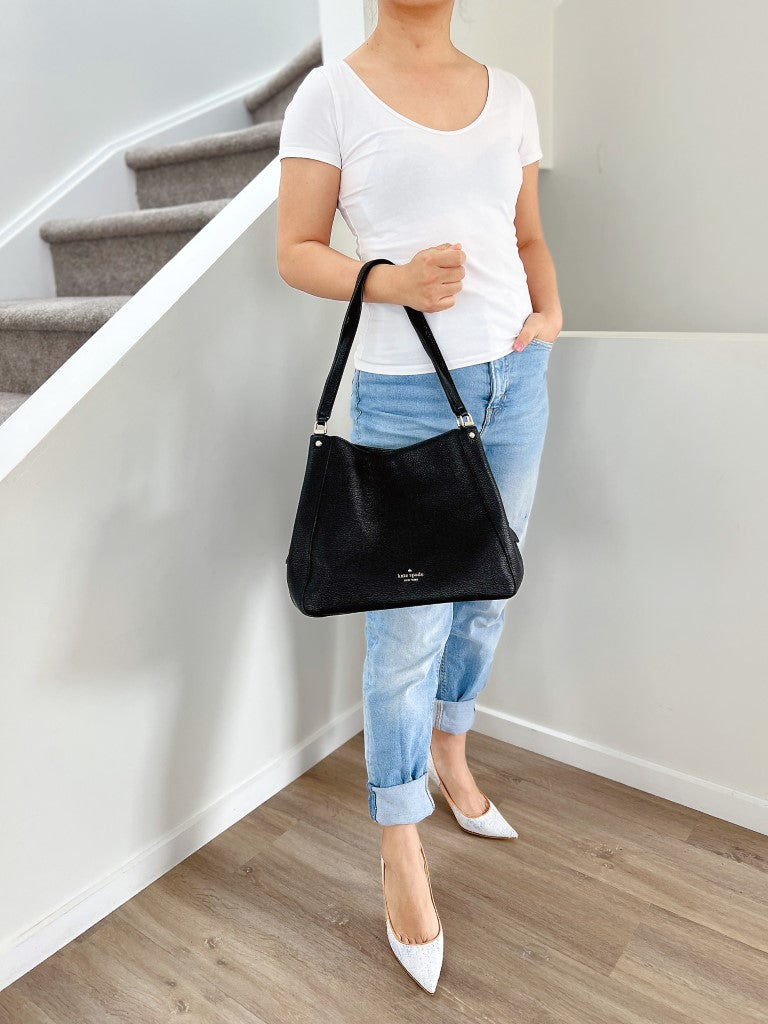 Kate Spade Black Leather Front Logo Triple Compartment Shoulder Bag