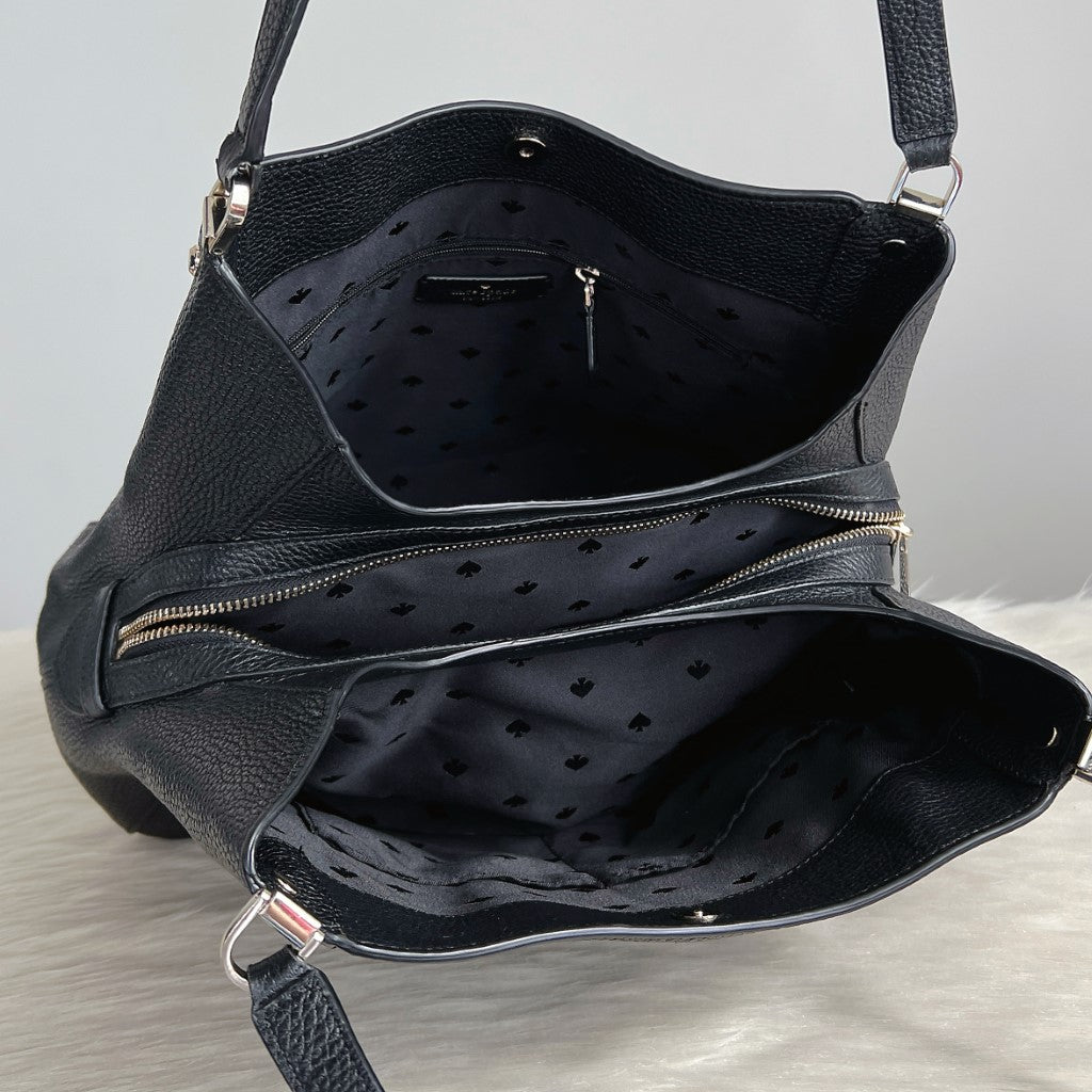 Kate Spade Black Leather Front Logo Triple Compartment Shoulder Bag